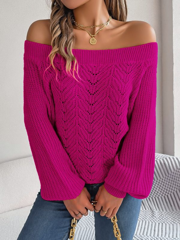 Autumn Winter Solid Color Hollow Out Cutout out off Collar off the Shoulder Lantern Sleeve Sweater - Sweaters - Uniqistic.com