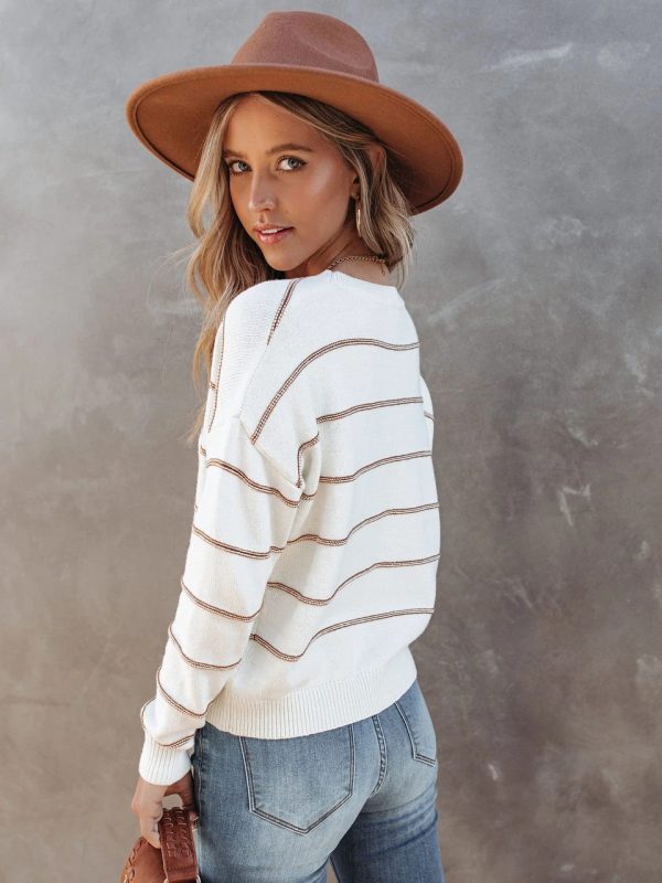 Autumn Winter round Neck Striped Long Sleeve Pullover Core-Spun Yarn Sweater - Sweaters - Uniqistic.com