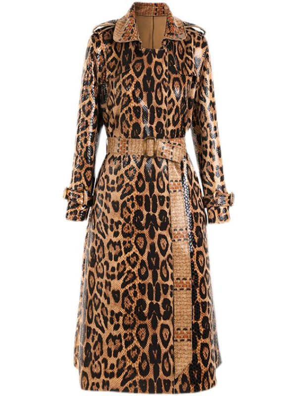 Spring Autumn Snakeskin Leopard Print Long Trench Coat in Coats & Jackets