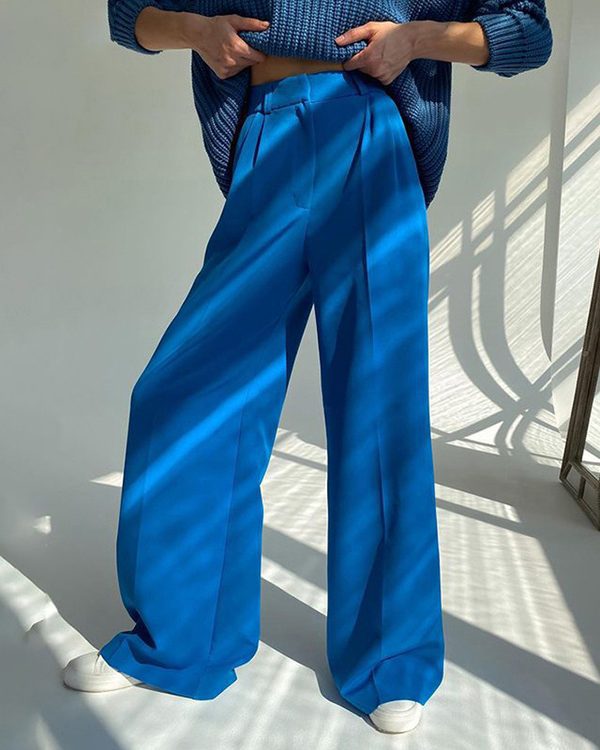 Spring Office High Waist Loose Klein Blue Casual Trousers in Pants