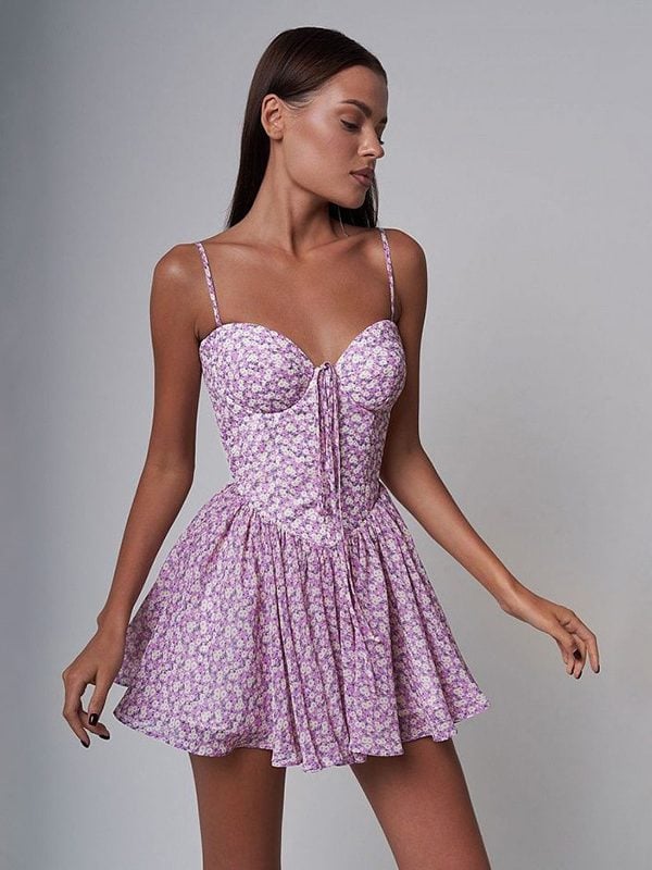 Lace up Floral Halter Sexy Vacation Dress in Dresses