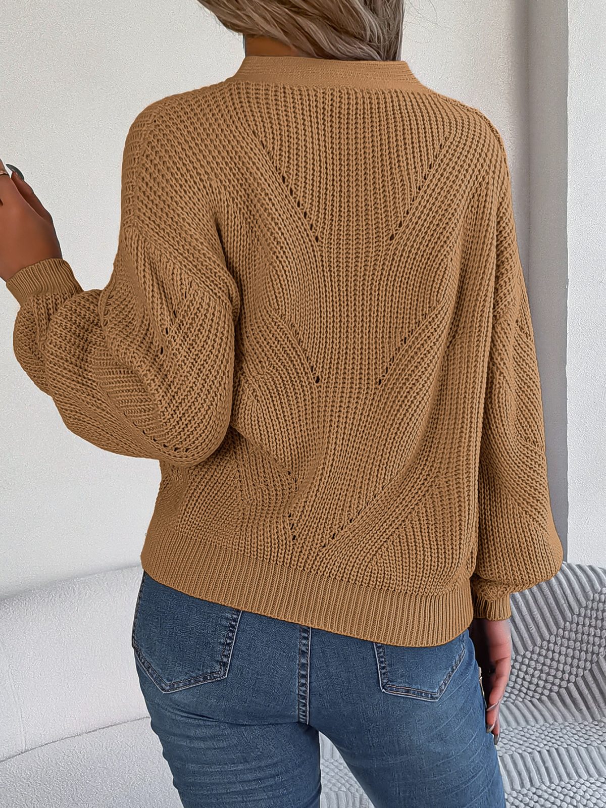 Autumn Winter Hollow Out V neck Button Lantern Sleeve Pullover Sweater - Sweaters - Uniqistic.com