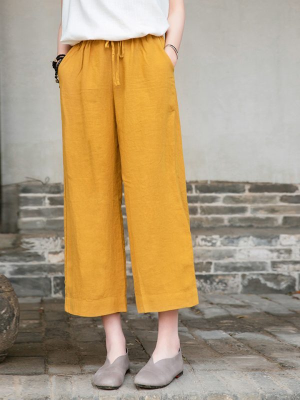 Artistic Washed Lace up Linen Casual Straight Through Cropped Pants in Pants