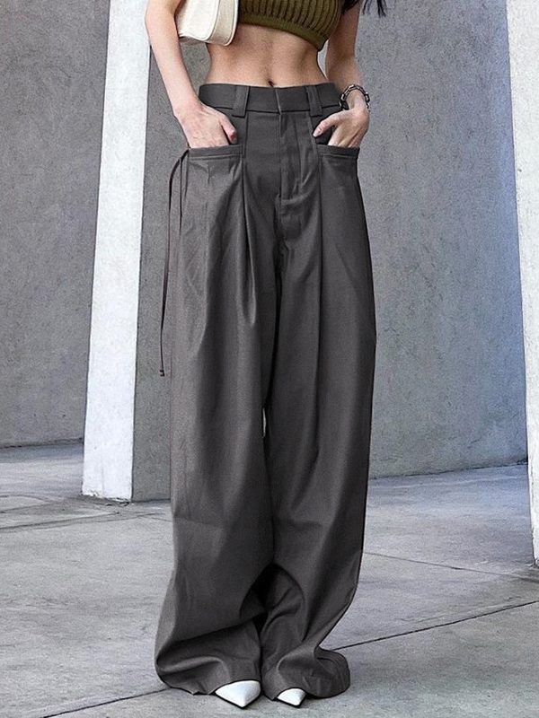 Solid Color Loose Straight Pocket Woven Trouser - Pants - Uniqistic.com