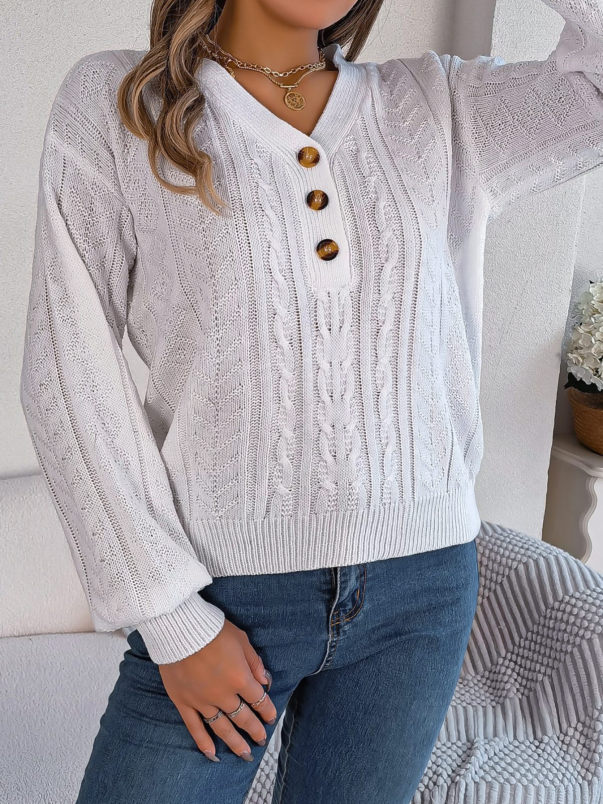 Autumn Winter Solid Color Twist V neck Buttons Lantern Sleeve Pullover Sweater - Sweaters - Uniqistic.com