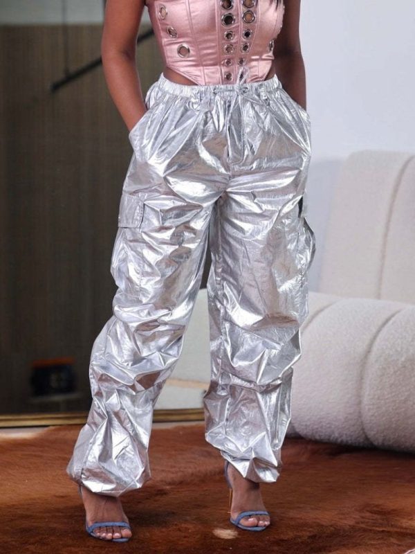 Metallic Coated Fabric Casual Solid Color Three Dimensional Pocket Pleated Pants in Pants