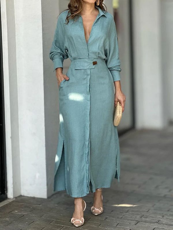 Summer Casual Polo Collar Long Sleeve Tight Waist Solid Color Loose Dress - Dresses - Uniqistic.com