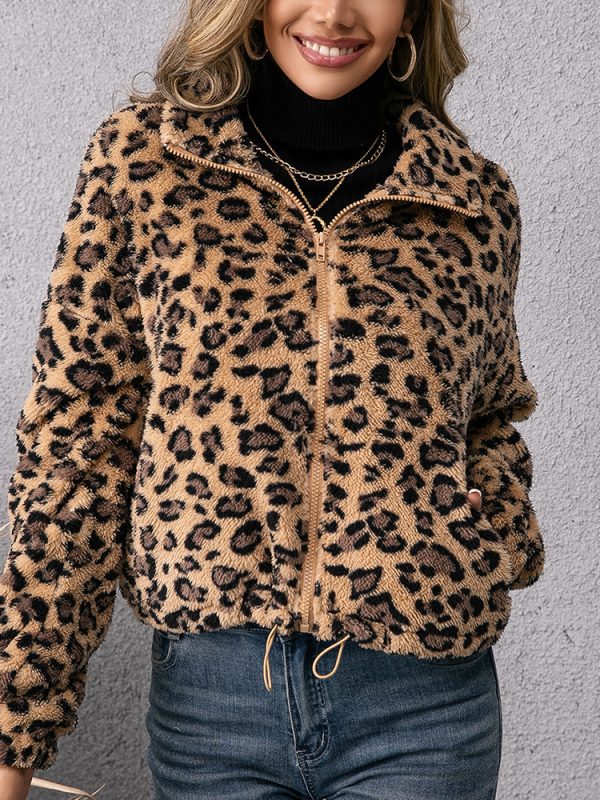 Leopard Print Collared Zipper Furry Jacket - Coats & Jackets - Uniqistic.com