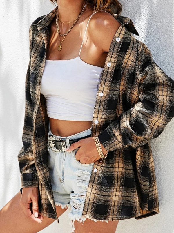 Street Hipster Design Loose Slimming Single Breasted Collared Long Sleeve Plaid Shirt - Blouses & Shirts - Uniqistic.com