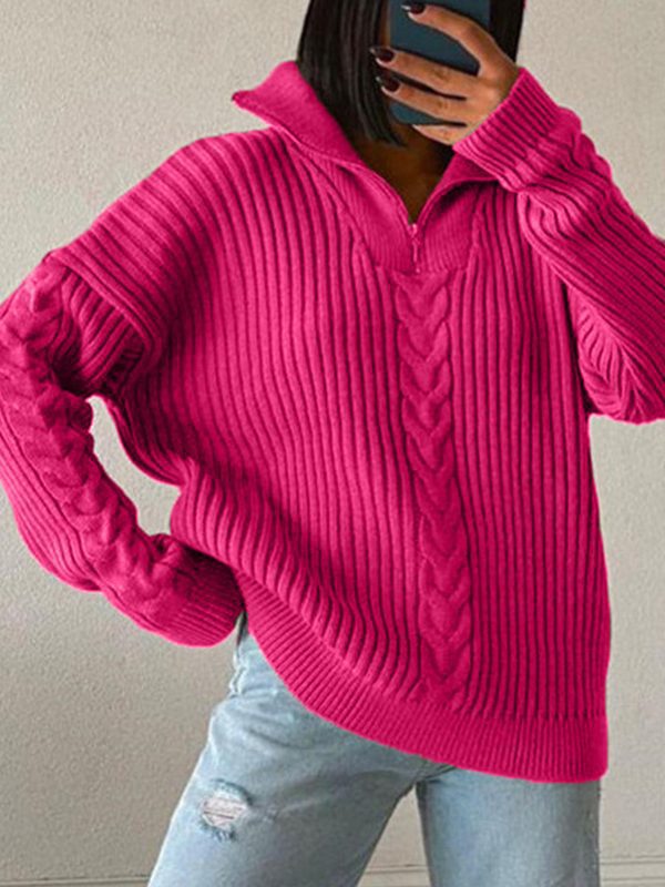 Polo Collar Twist Collared Lazy Loose Casual Slimming Autumn Winter Solid Color Knitted Zipper Pullover - Sweaters - Uniqistic.com