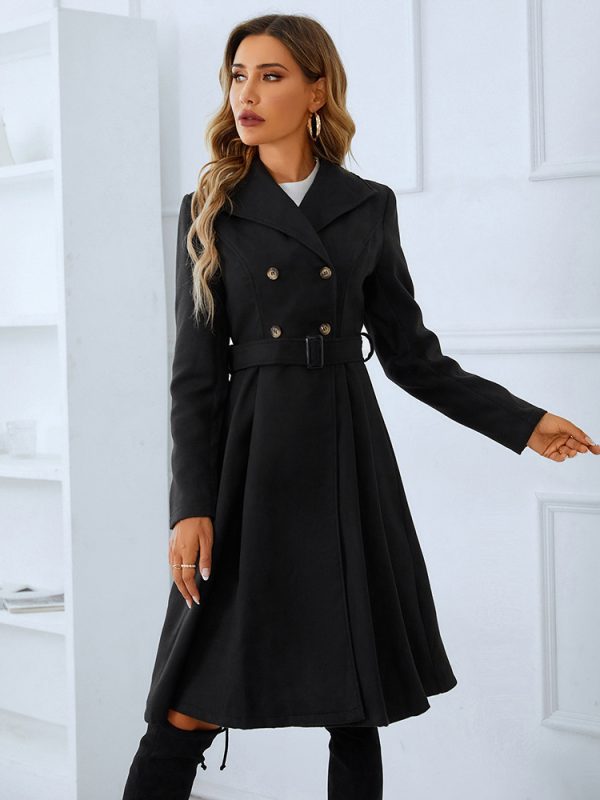 Double Breasted with Belt Long Sleeve Woolen Black Overcoat - Coats & Jackets - Uniqistic.com