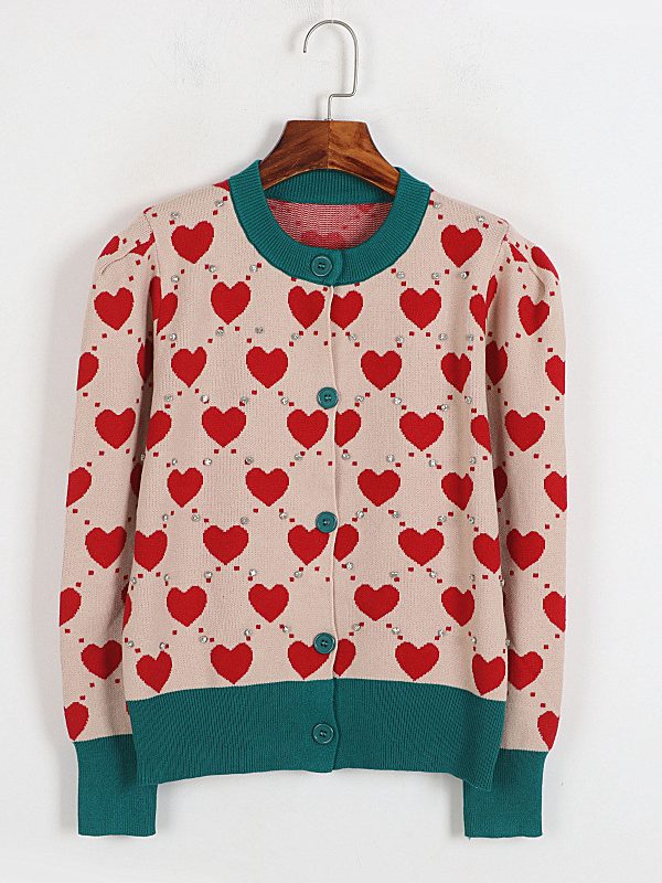 Autumn Winter Korean Love Jacquard Puff Sleeve Knitted Sweater - Sweaters - Uniqistic.com