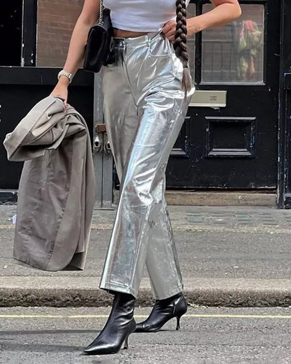 Metallic Coated Fabric Street High Waist Reflective Faux Leather Pants in Pants