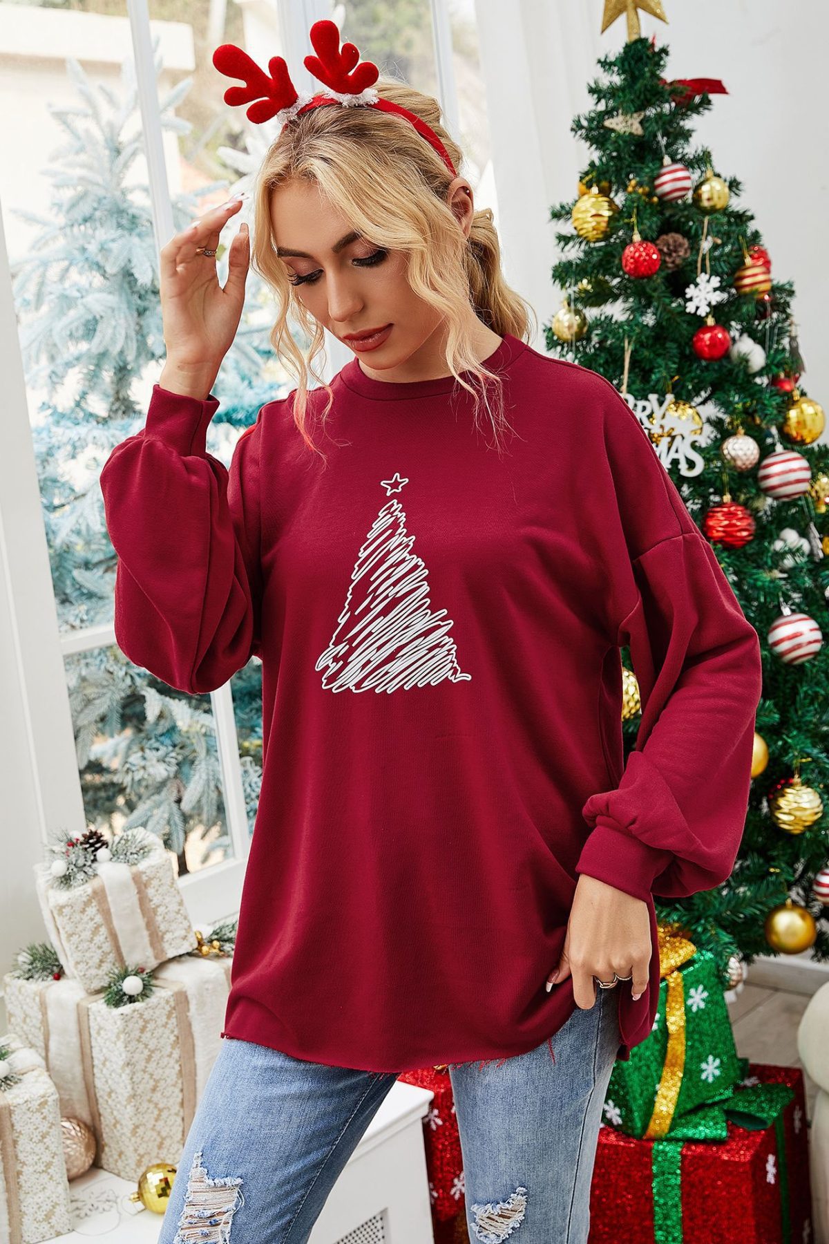 Christmas Tree Loose Long Sleeve round Neck Printed Mid-Length Sweater - Hoodies & Sweatshirts - Uniqistic.com