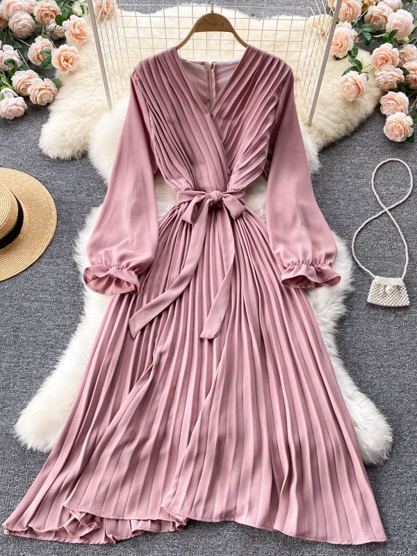 Long Sleeves V-neck Bow Lace-up Cinched Waist over-the-Knee Maxi Dress - Dresses - Uniqistic.com