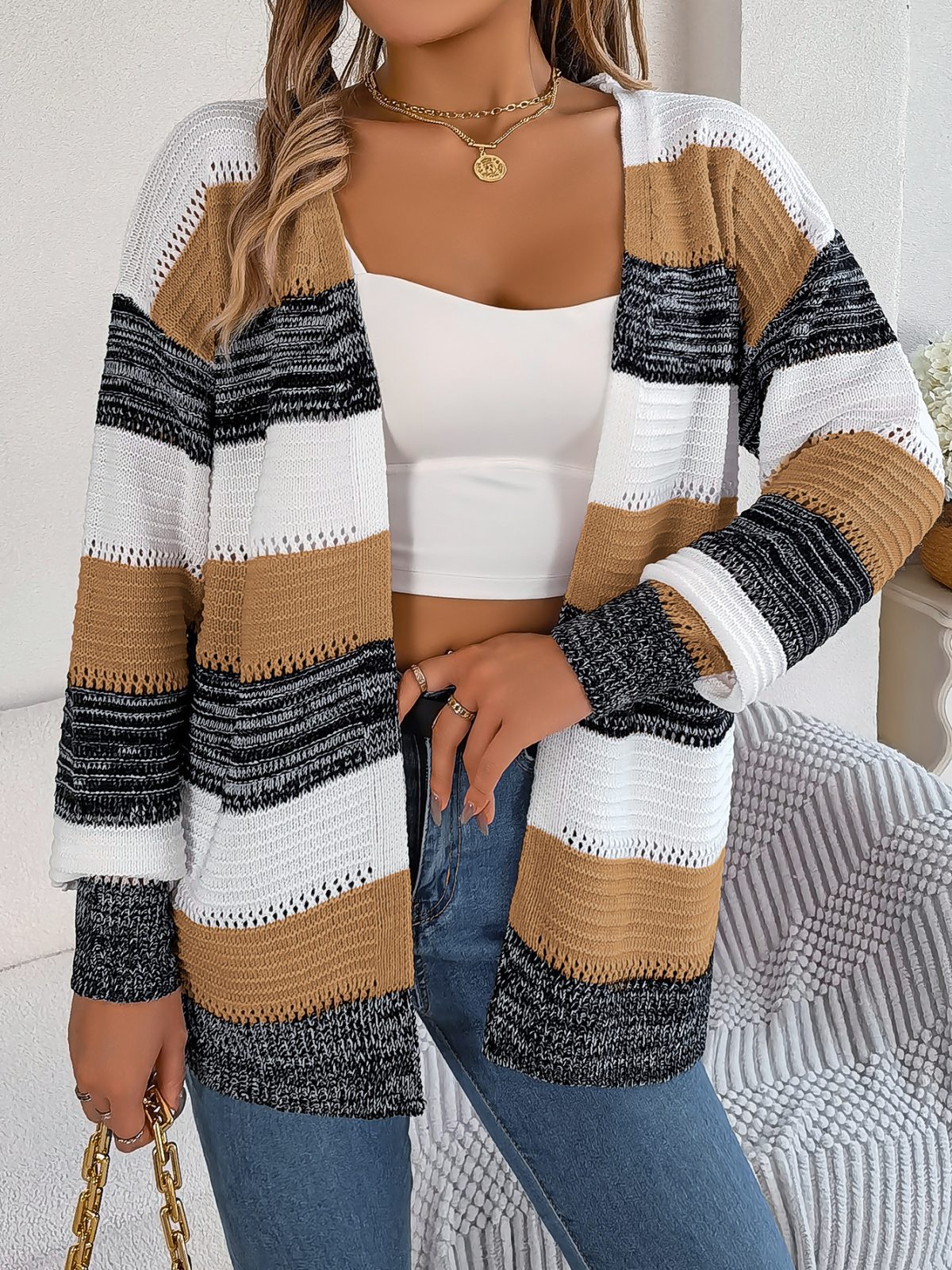 Autumn Winter Casual Hollow Out Cutout Contrast Color Striped Lantern Sleeve Cardigan Sweater - Sweaters - Uniqistic.com
