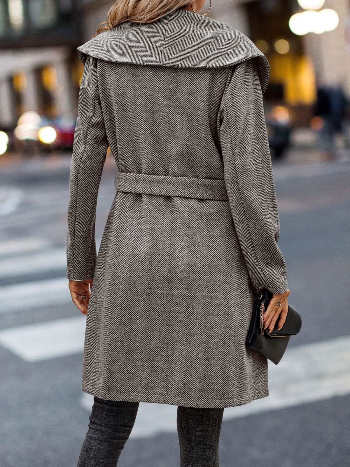 Autumn Winter Fur Plaid Solid Color Long Sleeve Collared Belt Slimming Women Coat in Coats & Jackets
