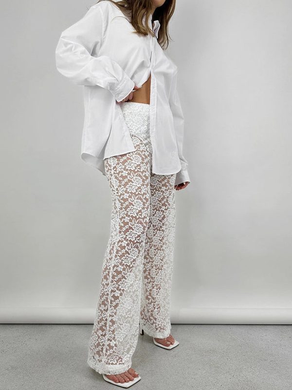 Summer Sexy All Matching Lace See through High Waist Stitching Long Straight Leg Pants in Pants