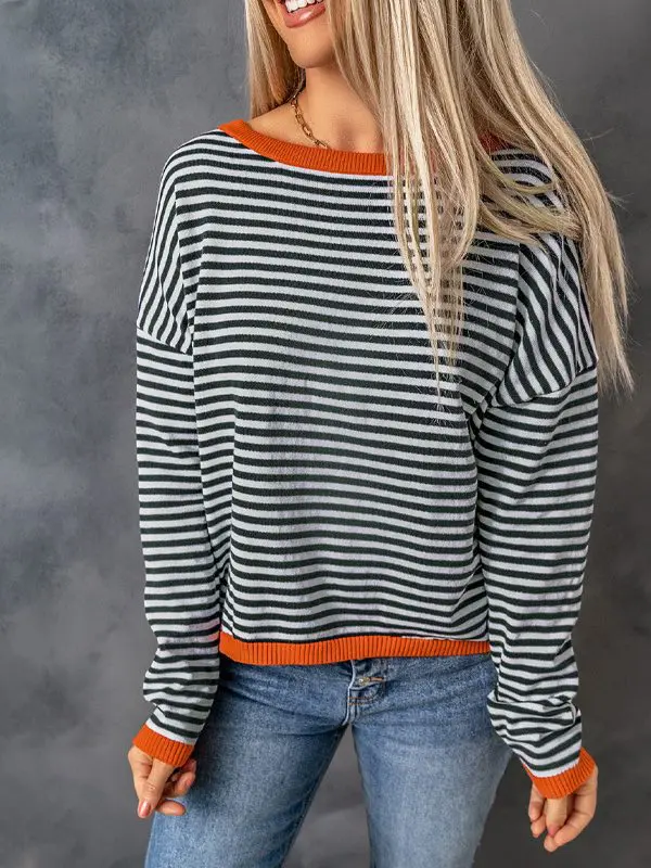 Contrast Color Trim Striped off Shoulder Sweater in Sweaters