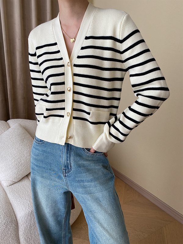 Fashionable French Contrast Color Striped Early Autumn V neck Office All Matching Knitted Cardigan in Sweaters