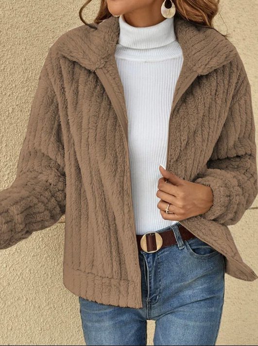 Autumn Winter Sunken Stripe Velvet Collared Short Coat - Coats & Jackets - Uniqistic.com