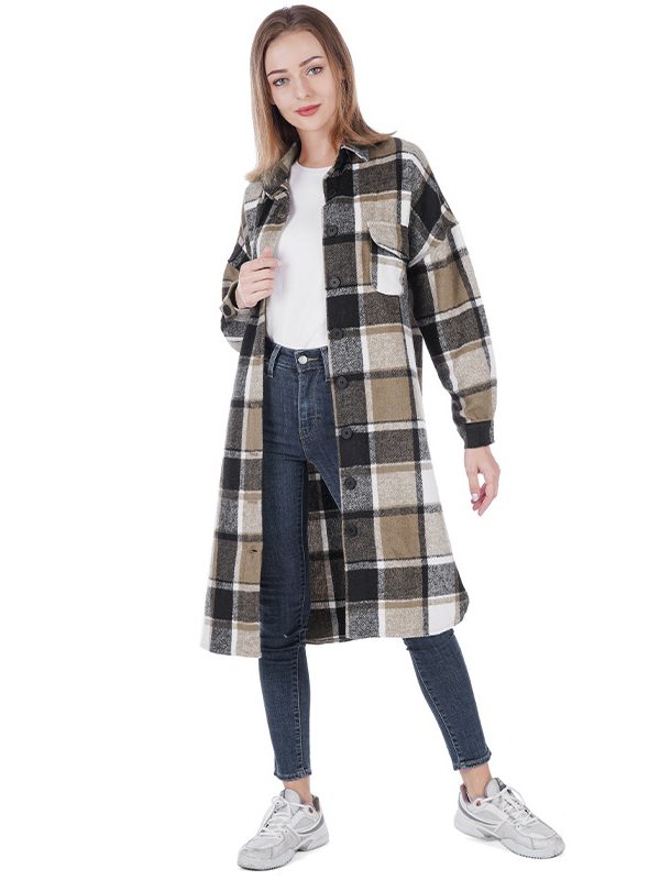 Autumn Winter Design Collared Side Slit Slim Fitting Long Plaid Shirt Woolen Coat - Coats & Jackets - Uniqistic.com