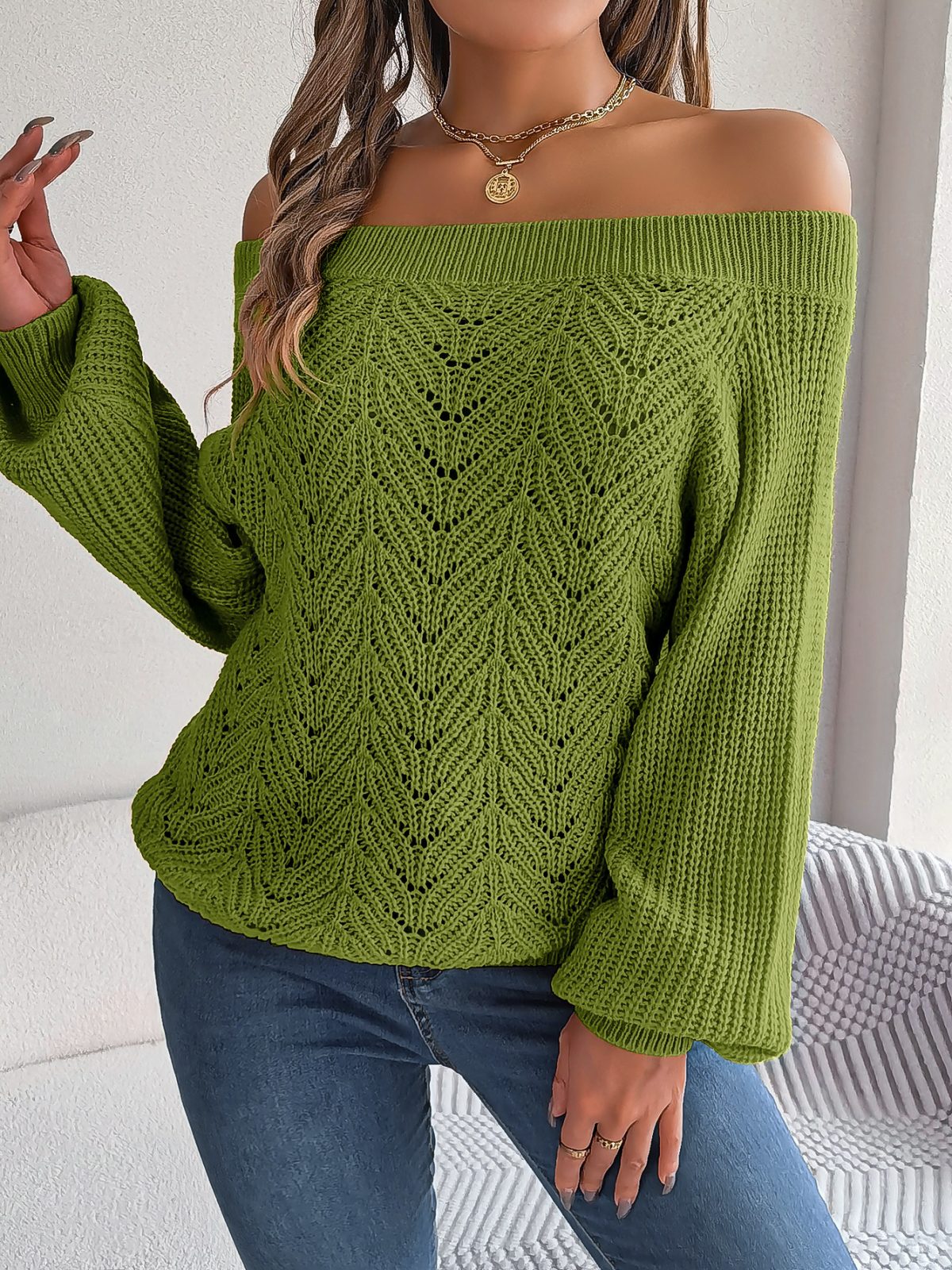 Autumn Winter Solid Color Hollow Out Cutout out off Collar off the Shoulder Lantern Sleeve Sweater - Sweaters - Uniqistic.com