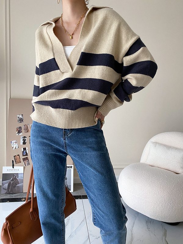 Casual Polo Large V-neck Striped Sweater - Sweaters - Uniqistic.com