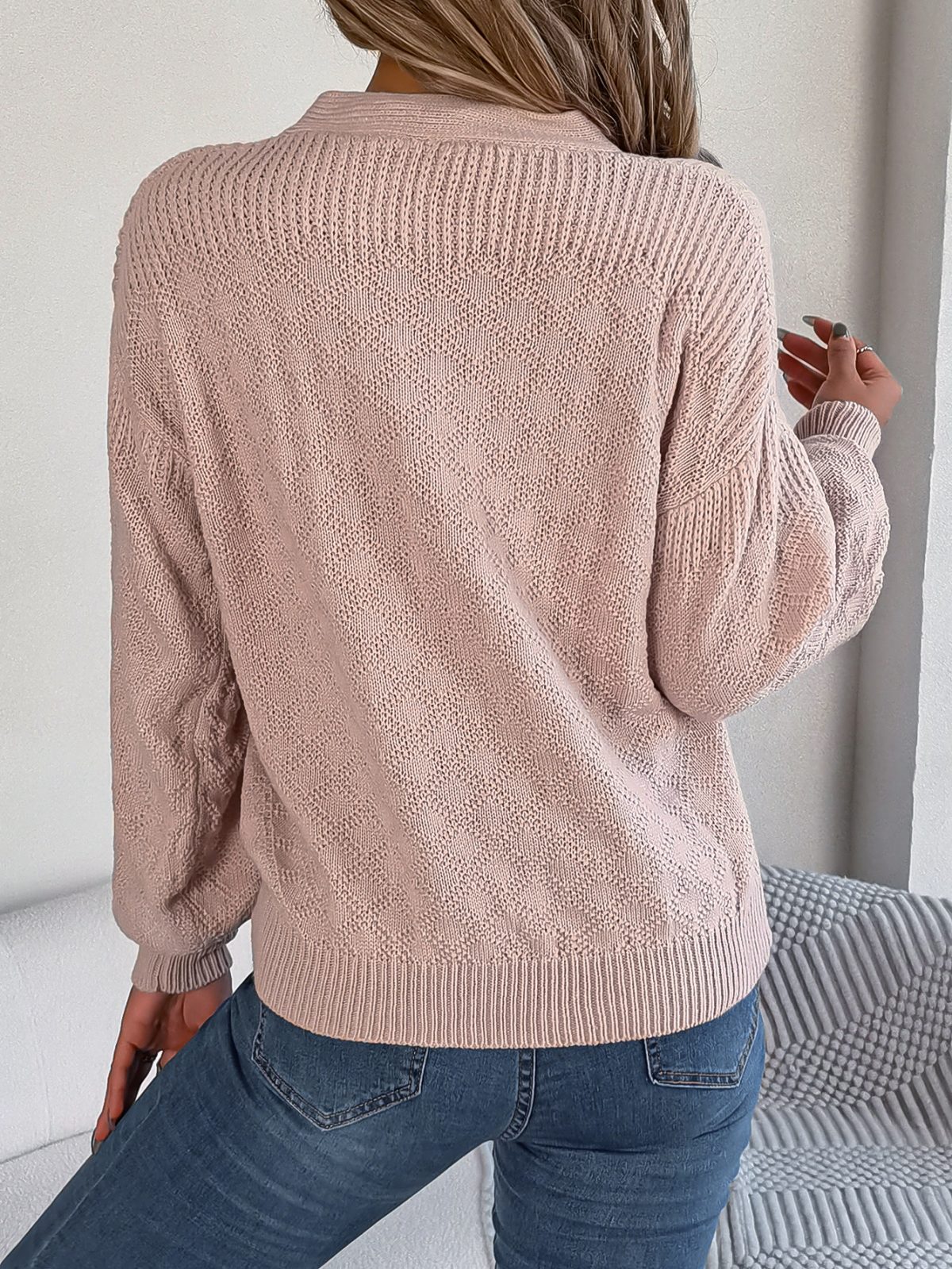 Autumn Winter Casual Loose V neck Buttons Lantern Sleeve Pullover Sweater in Sweaters