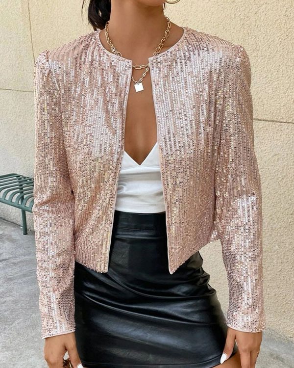 Round Neck Long Sleeve Solid Color Cardigan Casual All Match Sequin Jacket in Coats & Jackets