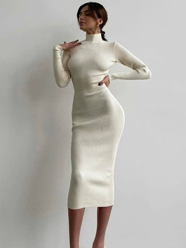 High Collar Mid Length Sunken Stripe Knitted Dress - Dresses - Uniqistic.com