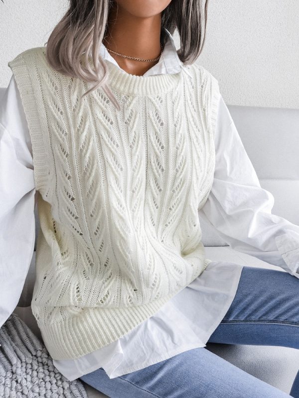 Autumn Winter round Neck Hollow Out Cutout Leaves Casual Knitted Vest Sweater in Sweaters