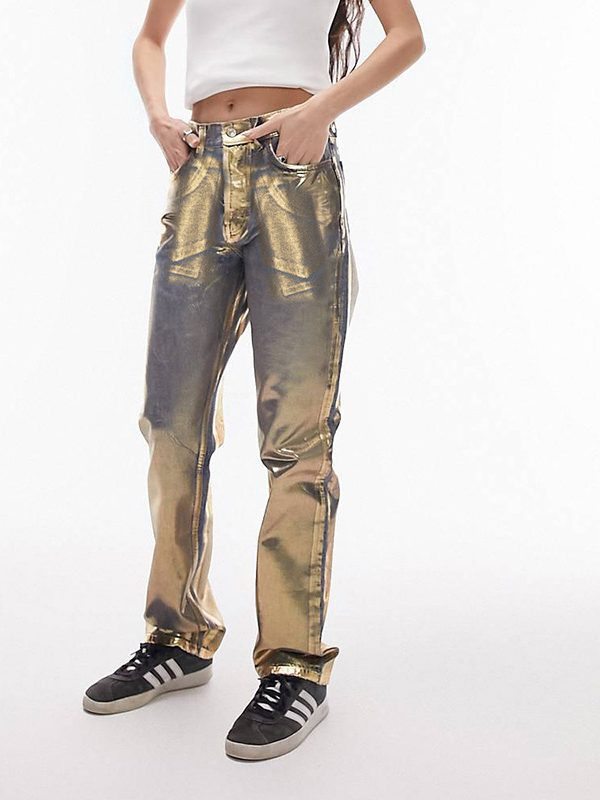 Metallic Coated Fabric Street Bronzing Pocket Straight Denim Trousers in Pants