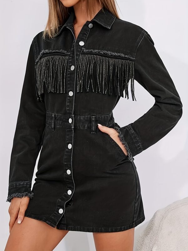 Slim Fit Black Long Sleeved Tassel Placket Dress - Dresses - Uniqistic.com