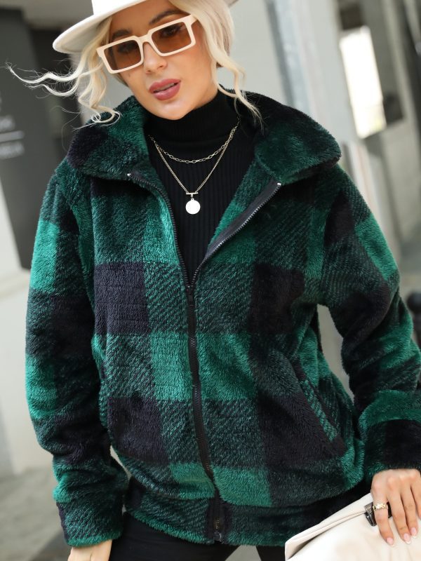 Autumn Winter Ladies Long Sleeves Stand Up Collar Plaid Regular Midi Plush Zippered Double Sided Suede Jacket - Coats & Jackets - Uniqistic.com