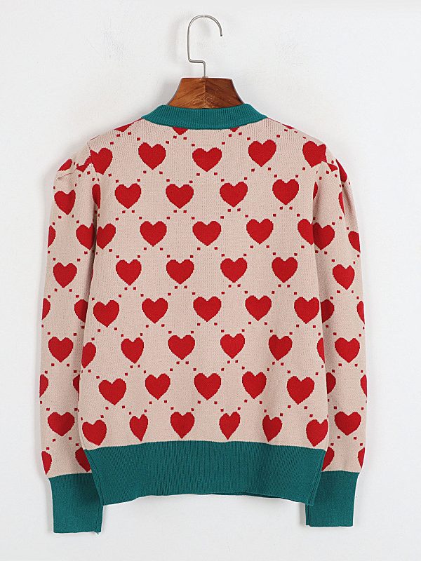 Autumn Winter Korean Love Jacquard Puff Sleeve Knitted Sweater - Sweaters - Uniqistic.com