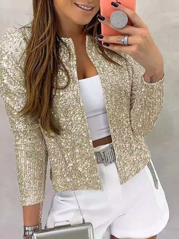 Round Neck Long Sleeve Solid Color Cardigan Casual All Match Sequin Jacket in Coats & Jackets