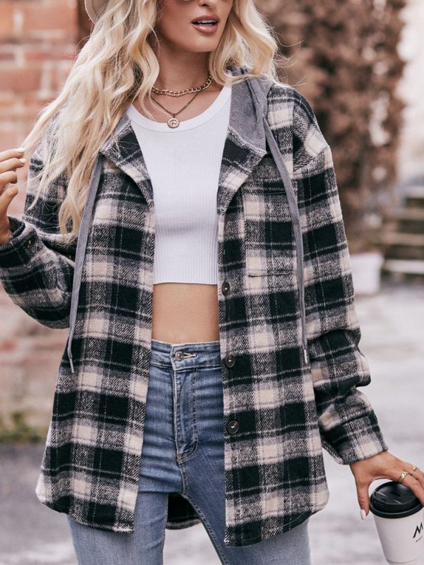 Flannel Plaid Coat Hooded Casual Shirt in Coats & Jackets