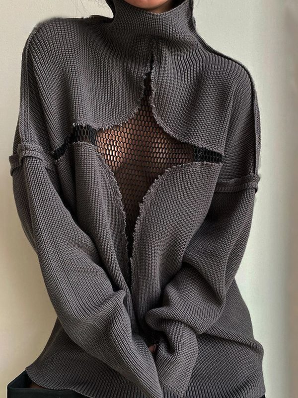 Autumn Winter Hollow Out Cutout Patchwork Mesh Loose High Collar Knitted Sweater - Sweaters - Uniqistic.com