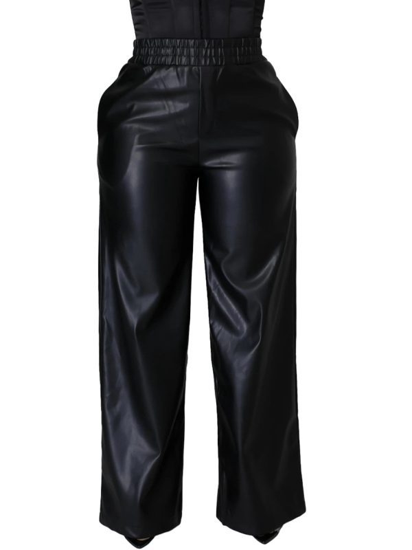 Solid Color Loose Wide Leg Pocket Faux Leather Pants - Pants - Uniqistic.com