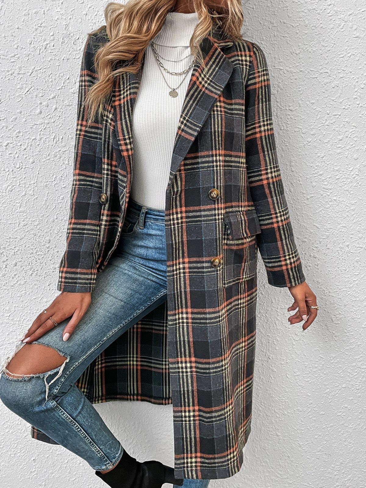 Trendy Single Breasted Plaid Wool Coat in Coats & Jackets