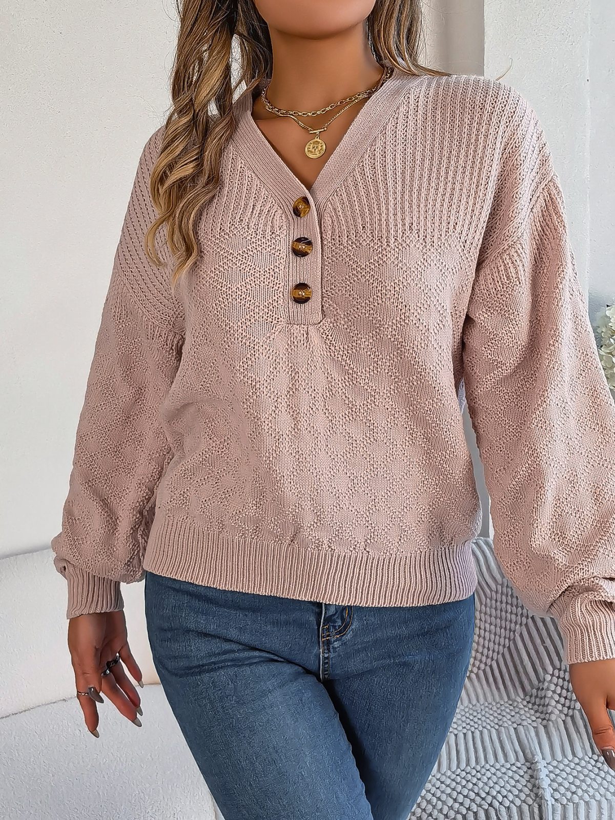 Autumn Winter Casual Loose V neck Buttons Lantern Sleeve Pullover Sweater in Sweaters