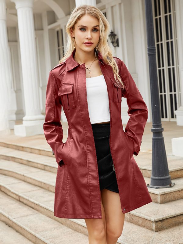 Mid Length Leather With Belt Long Sleeve Wind Coat in Coats & Jackets