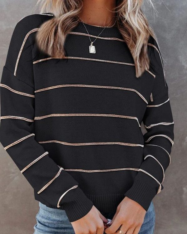 Autumn Winter round Neck Striped Long Sleeve Pullover Core-Spun Yarn Sweater - Sweaters - Uniqistic.com