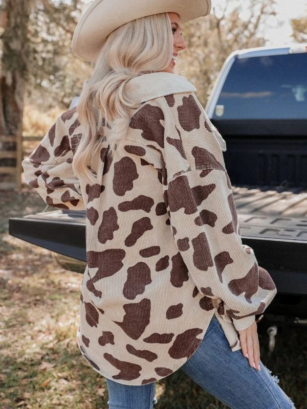 Leopard Print Single Breasted Mid Length Corduroy Shacket - Coats & Jackets - Uniqistic.com