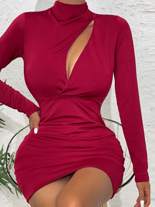 High Neck Sexy Hollow Out Cutout Sheath Slim Fit Long Sleeved Dress - Dresses - Uniqistic.com