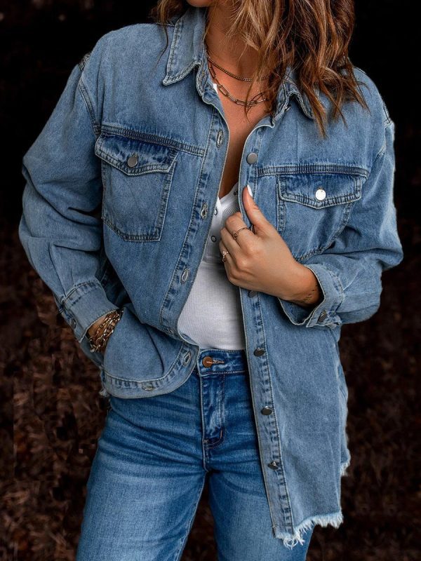 Early Spring Street Hipster Denim Collared Loose Simple Blouse - Blouses & Shirts - Uniqistic.com