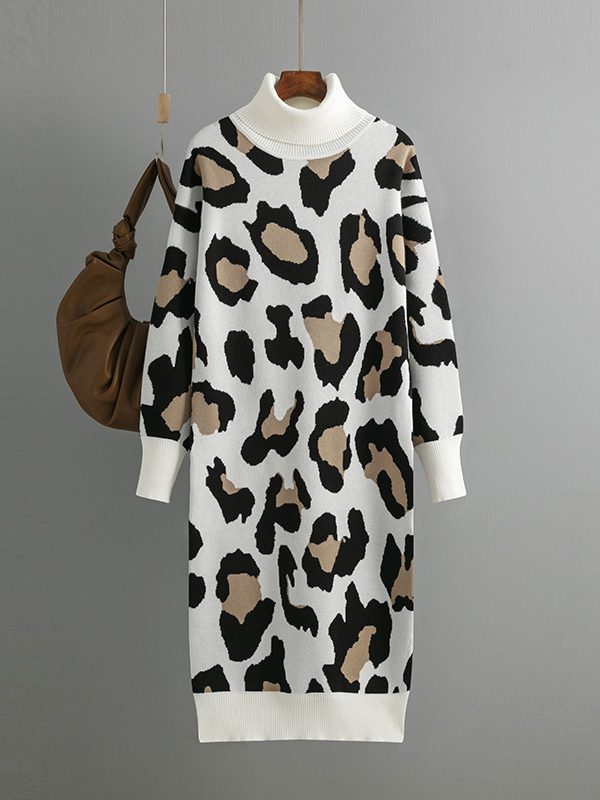Turtleneck Base Knitted  Leopard Print Maxi Dress - Dresses - Uniqistic.com