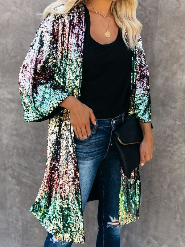 Color Sequined Three-Quarter Sleeve Buckle-Free Trench Coat - Coats & Jackets - Uniqistic.com