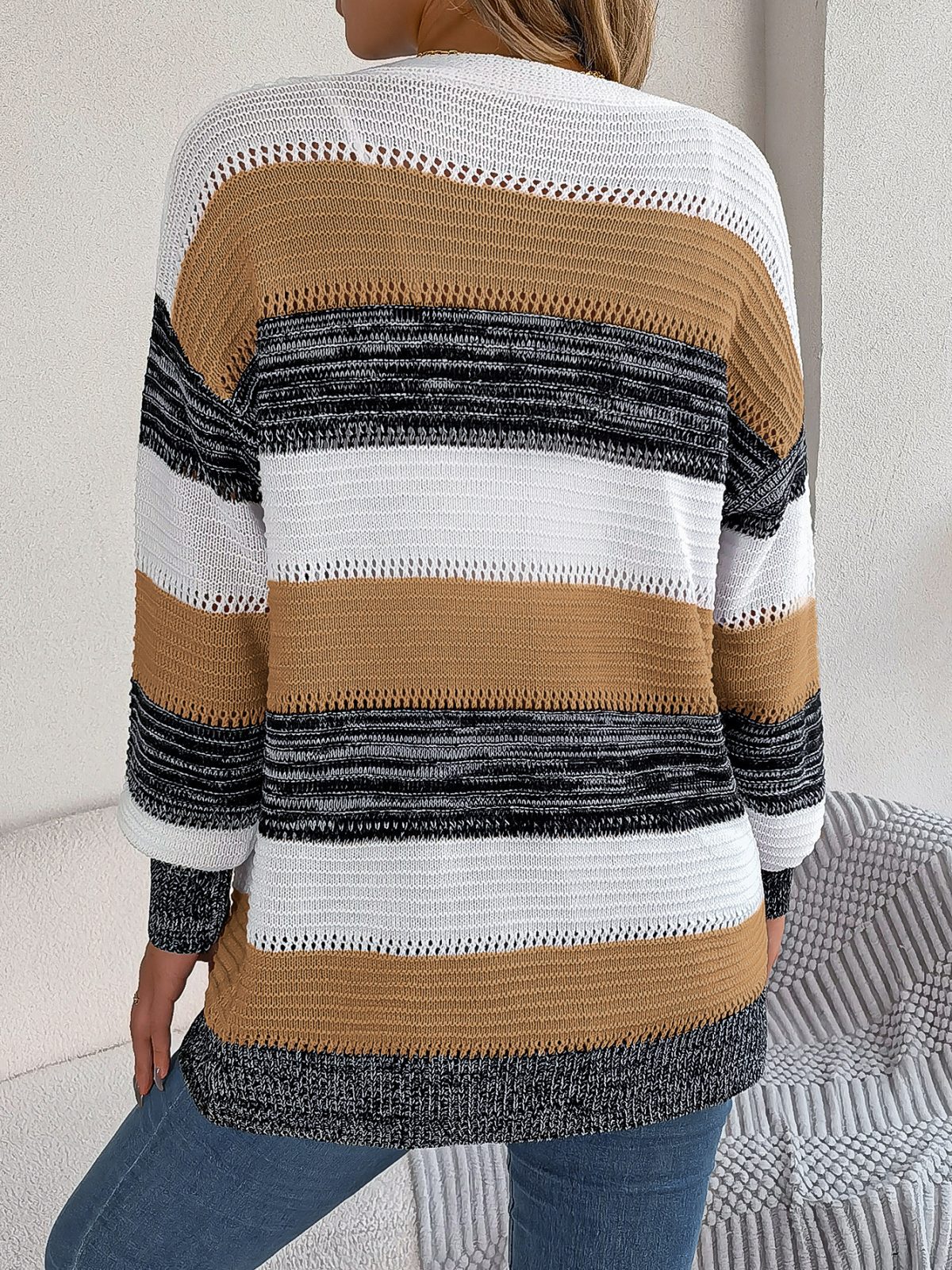 Autumn Winter Casual Hollow Out Cutout Contrast Color Striped Lantern Sleeve Cardigan Sweater - Sweaters - Uniqistic.com